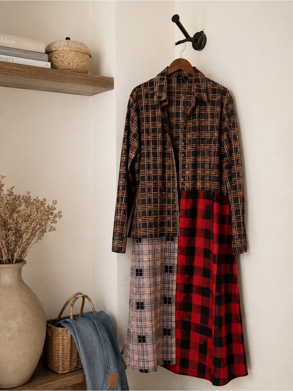 Women’s Patchwork Plaid Button-Up Coat - Red & Brown new x fall